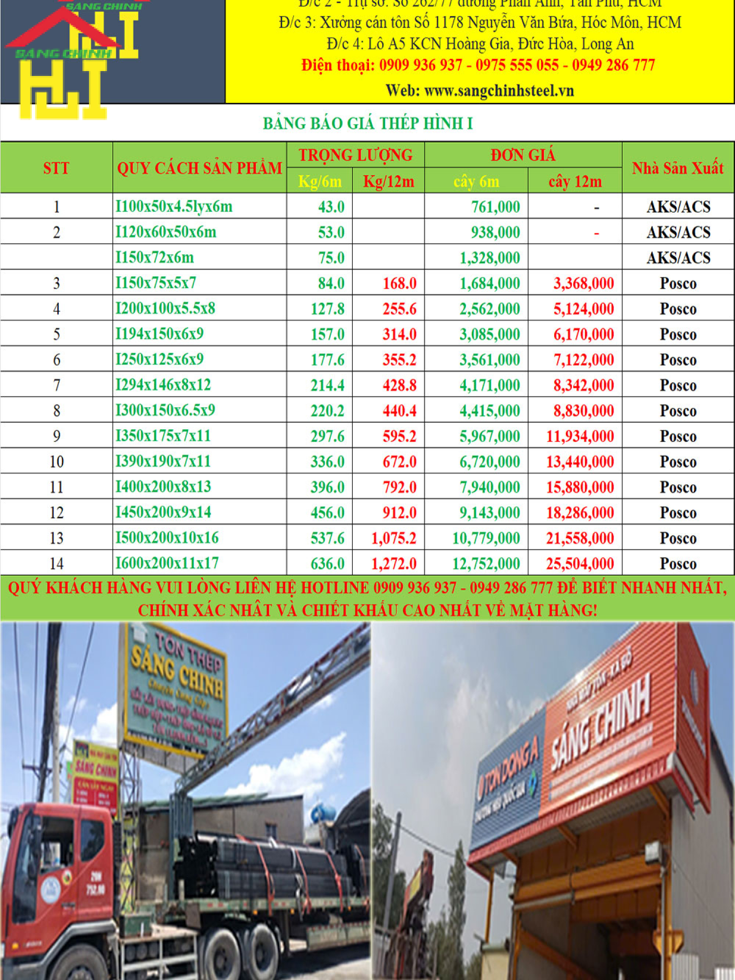 Bảng Báo Giá Thép Hình i Tại Sáng Chinh STEEL